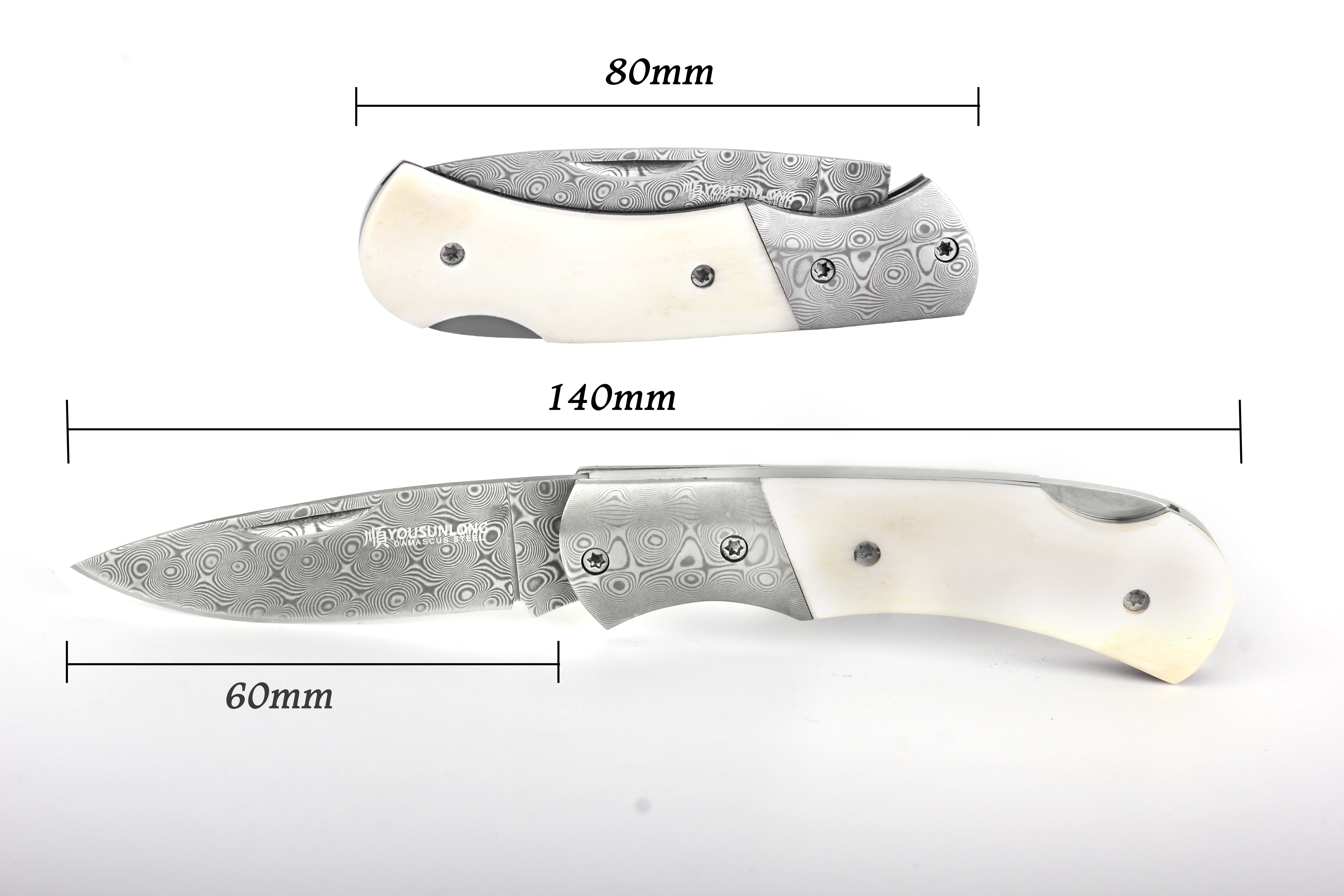 YOUSUNLONG Folding Knife - Camping Knife Overall 140mm Japanese Damascus Steel Bull Bone Handle
