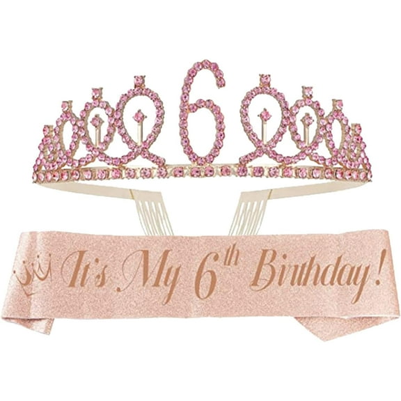 EBE EmmasbyEmma 6th Birthday Sash and Tiara for Girls - Fabulous Glitter Sash   Loops Rhinestone Pink Premium Metal Tiara for Girls, 6th Birthday Gifts for Princess Party