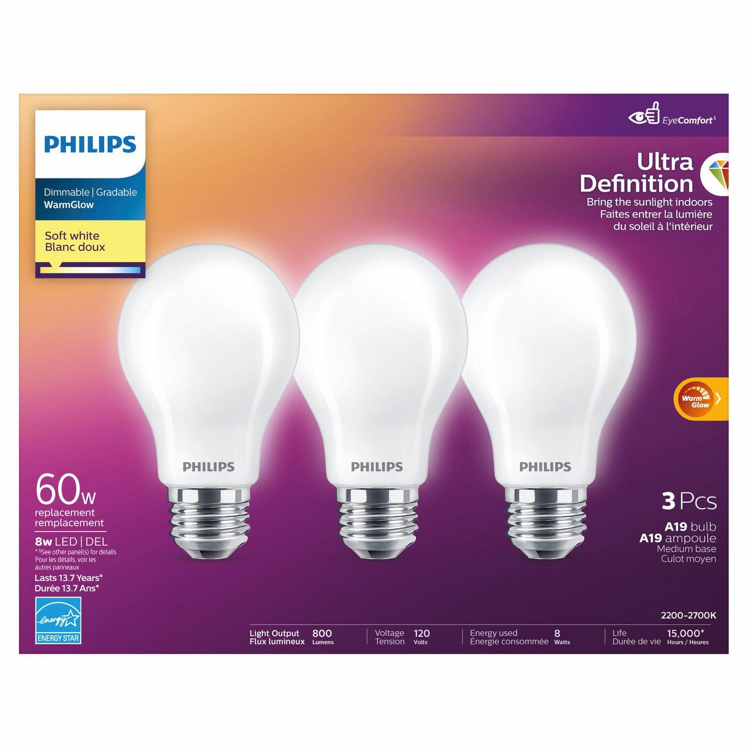 Philips DEL Ultra Definition 60W ampoule A19 blanc doux (paq de 3) PHL DEL 60W A19 SW 3