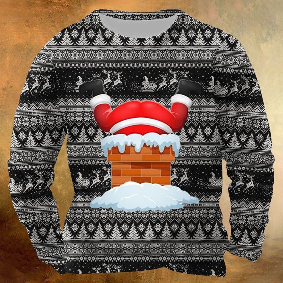 EchfiProm Mens Sweatshirts Christmas Funny Print Pullover Red No Hood Xmas Graphic Shirts for Men 3XL