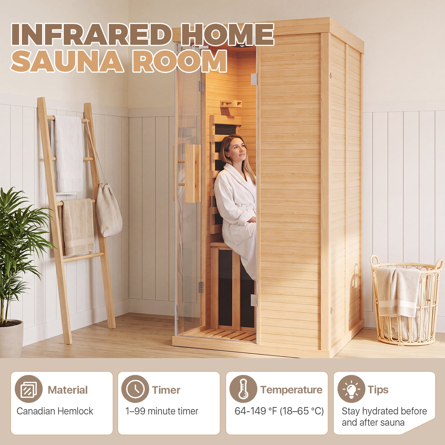 BaPiPro Infrared Sauna, 1-2 Person Home Far Wood Sauna, Canadian Hemlock Dry Sauna Spa Room with Low EMF Carbon Fiber Panels, Indoor Sauna with LED Light & Bluetooth Speaker