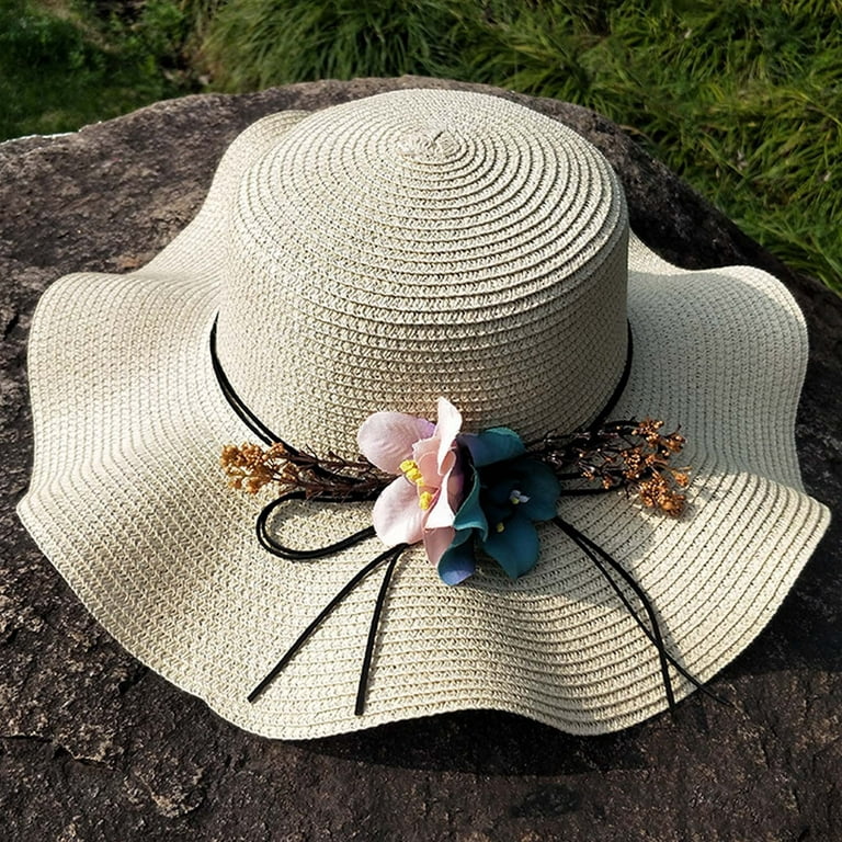 Womens Sun Hat Flower Straw Hat Outdoor Large Eaves Sunscreen Sun