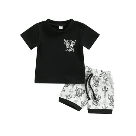 

Western Baby Boy Clothes Cow Printed Short Sleeve T Shirt Retro Boho Jogger Pants Cute Toddler Cowboy Summer Outfits