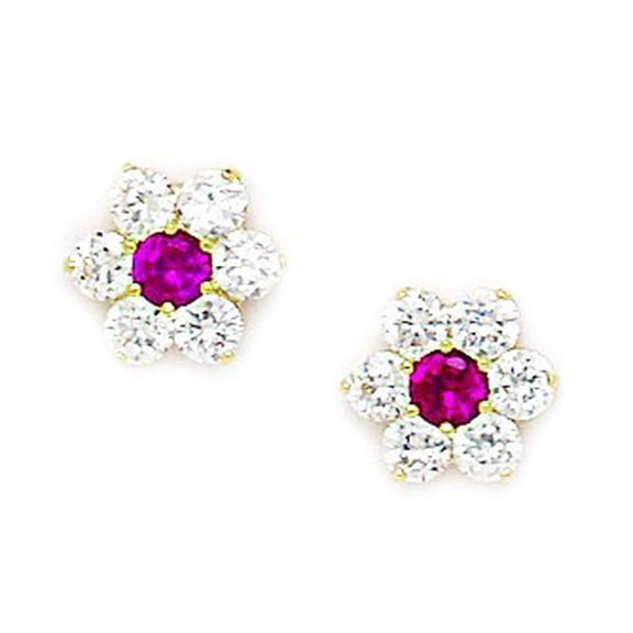 14k Yellow Gold July Red Cubic Zirconia Large Flower Screwback Earrings - Measures 9x10mm