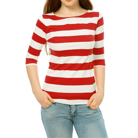 White Stripe V-neck Top - Women Elbow Sleeves Boat Neck Striped Tee