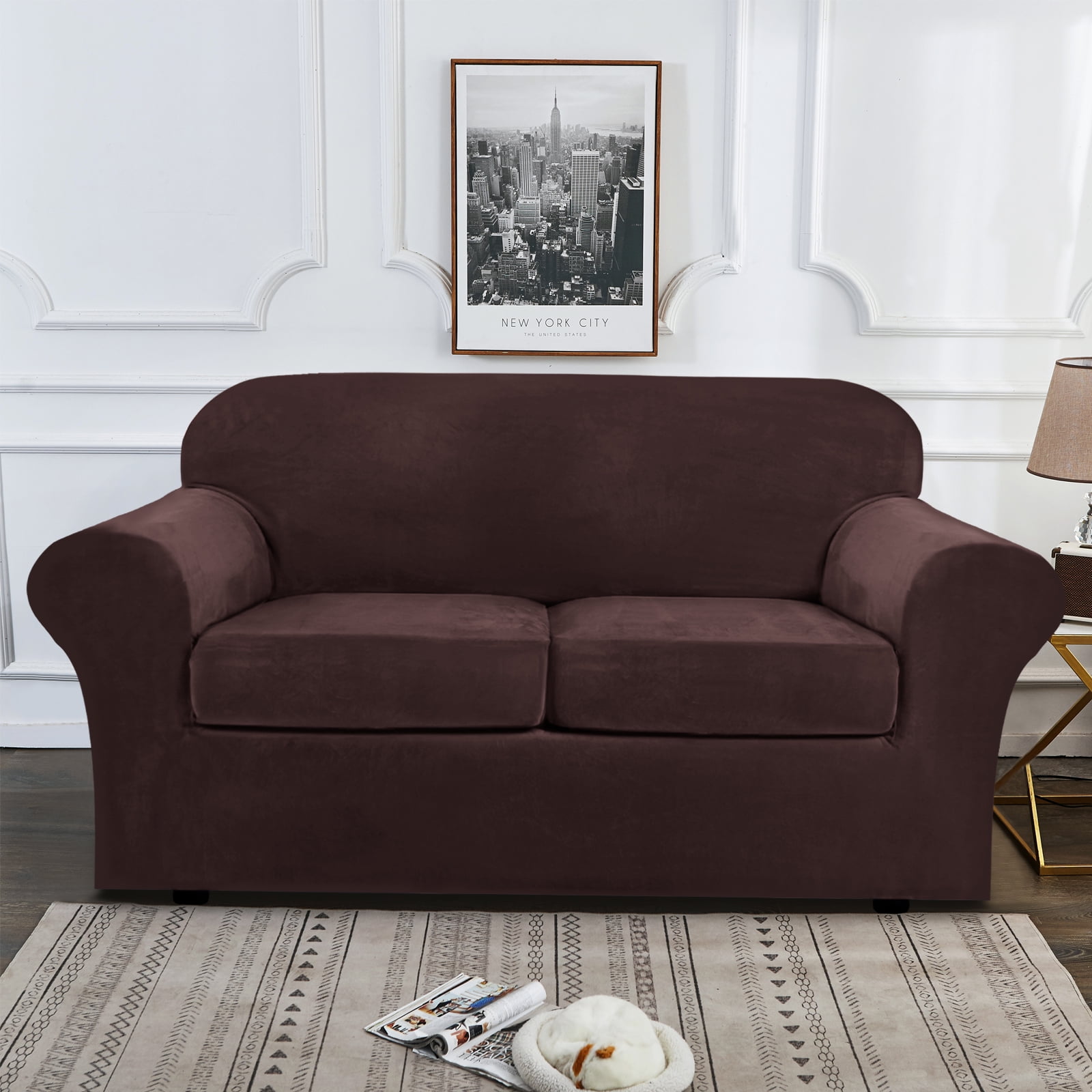 SHANNA Sofa Covers Stretch Velvet Couch Covers with Seperate Seat Cushion Covers, Armchair /Loveseat / Sofa Slipcovers (Dark Brown, Loveseat Cover)