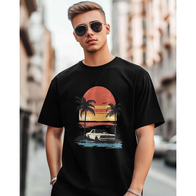 Camisetas para hombre, camisetas de manga corta con paisaje de coche y atardecer, camisetas de cuello redondo para hombre