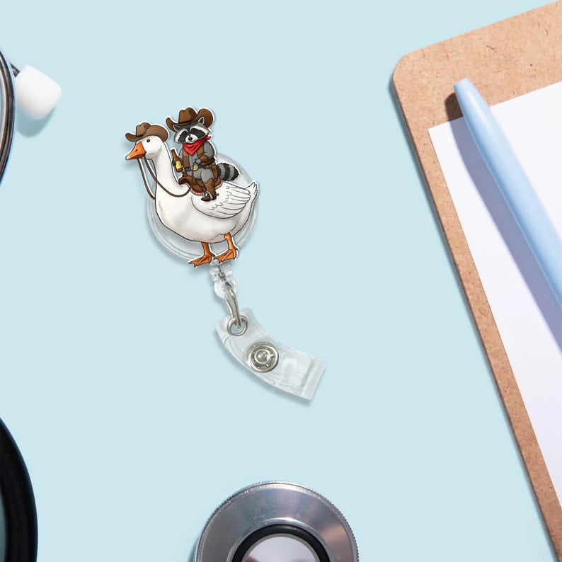 ViciArt Cowboy Raccoon Goose Badge Reel, Acrylic Retractable ID Holder, Western Animal Nurse Clip