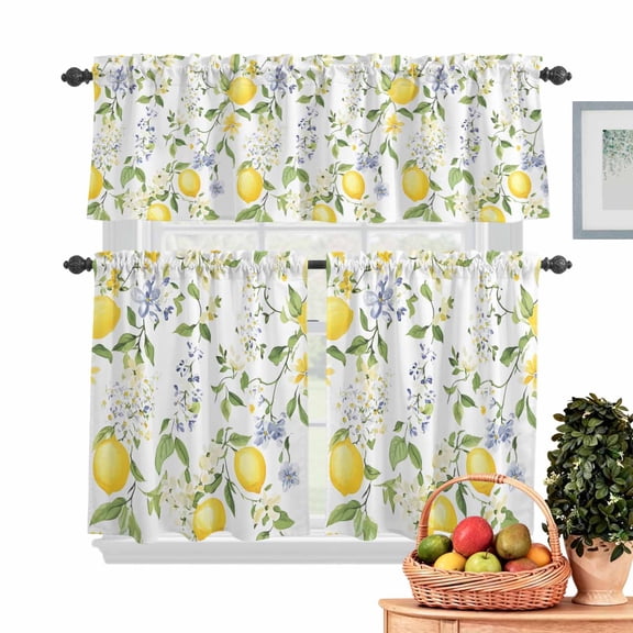 Vintage Lemon Kitchen Curtains Valances 3 Piece Set, Flowers Leaf Farmhouse Summer Botanical Rod Pocket Tier Curtain and Valance Drapes for Small Window 24 Inch Length for Bedroom Cafe