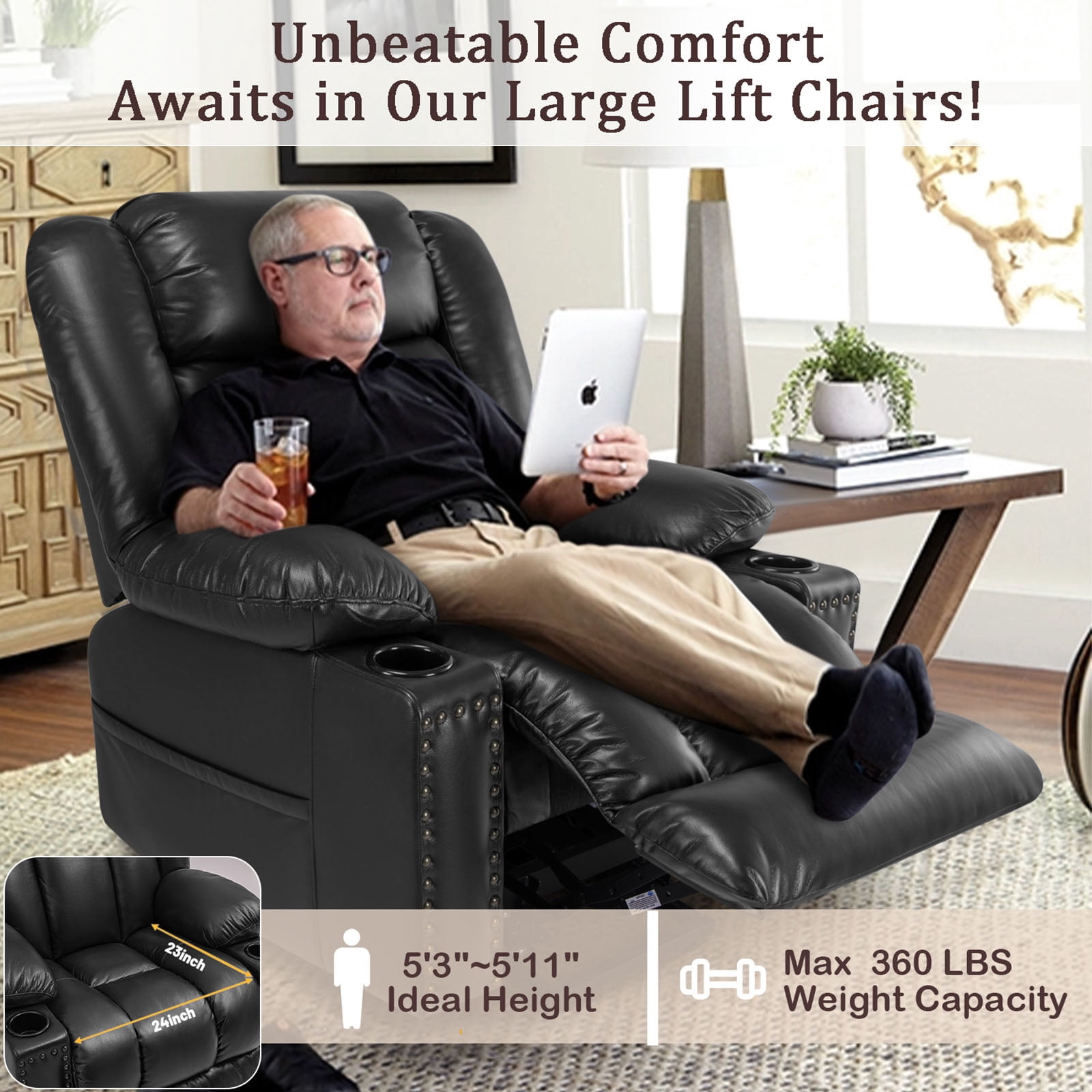 Large Power Lift Chairs Recliners for Elderly with Heated and Massage, Overstuffed Adjustable Lift Chairs, 3 Positions, Breathable Leather, USB-A and USB-C, Cup Holder, Side Pocket, Dark Brown