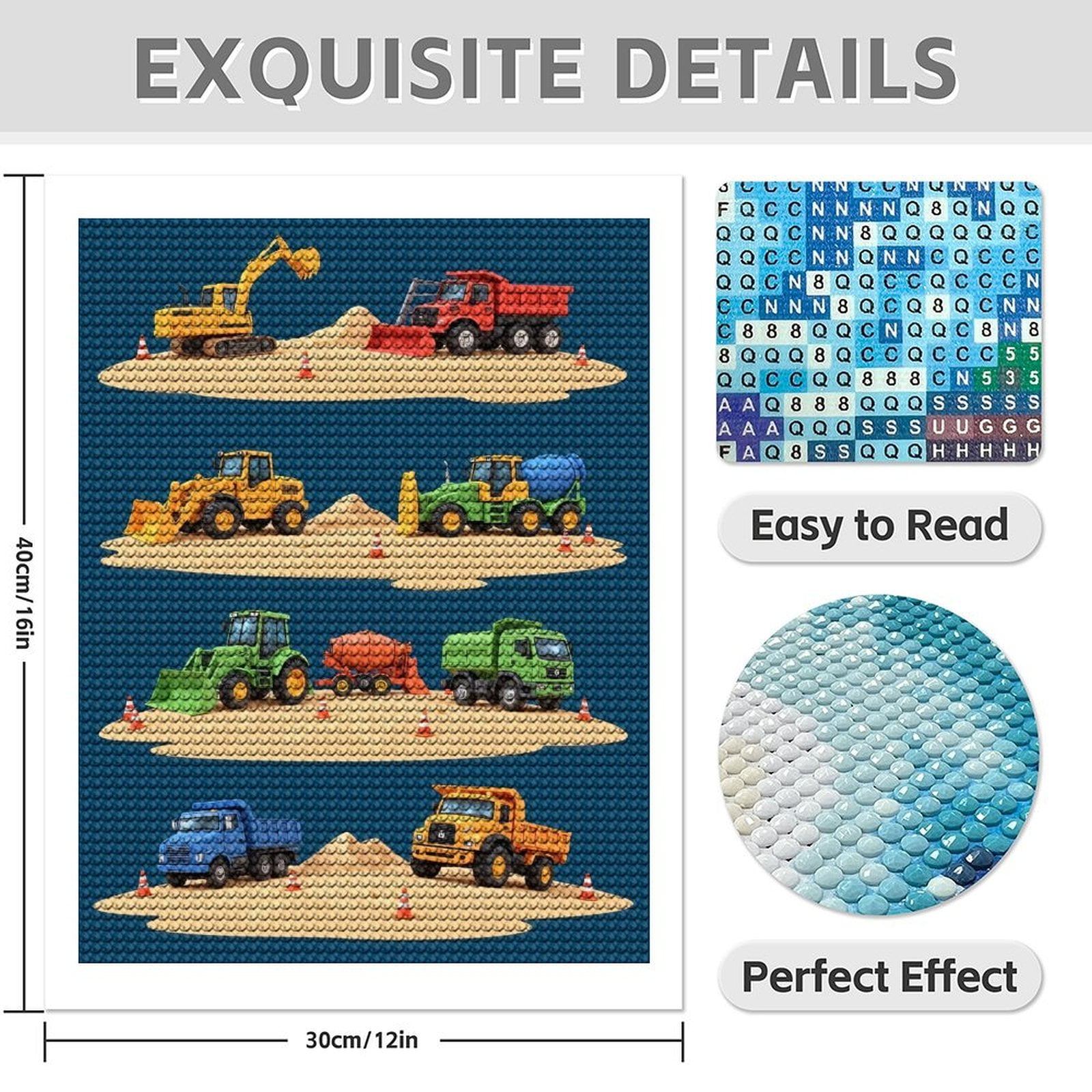 Diamond Art Kit for Adults, Colorful Construction Vehicle Collection Diamond Painting for Adults Beginners, DIY Diamond Art Painting Kits, 5D Diamond Painting Crafts for Home Decor 12x16 Frameless
