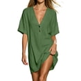 thumbnail image 3 of Ihhxva Cotton Dress for Women V-Neck Short Sleeve Relaxed Fit Cropped Stretchable Summer Loose Solid Color Mini Length Shift Style Sundress Beach Vacation Party S-2XL, 3 of 9