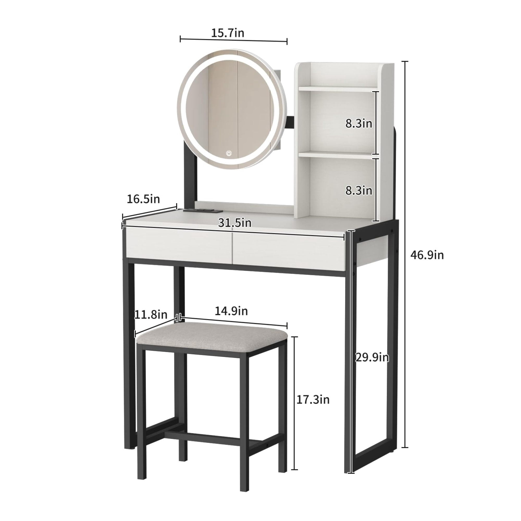 Leumius Small Vanity Desk with Mirror and Lights, Makeup Vanity Table with LED Mirror, 3 Lighting Modes, Power Outlet, Drawer, Open Shelves and Cushioned Stool for Bedroom (White and Black)