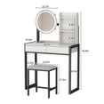 thumbnail image 2 of Leumius Small Vanity Desk with Mirror and Lights, Makeup Vanity Table with LED Mirror, 3 Lighting Modes, Power Outlet, Drawer, Open Shelves and Cushioned Stool for Bedroom (White and Black), 2 of 8