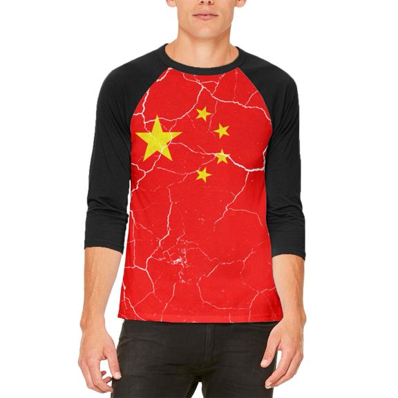 Distressed Chinese Flag Mens Raglan T Shirt White-Black X-LG