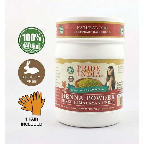 Pride Of India - Herbal Henna Hair Color Dust w/ Gloves - Natural Red, Half Pound (8oz - 227gm) Jar