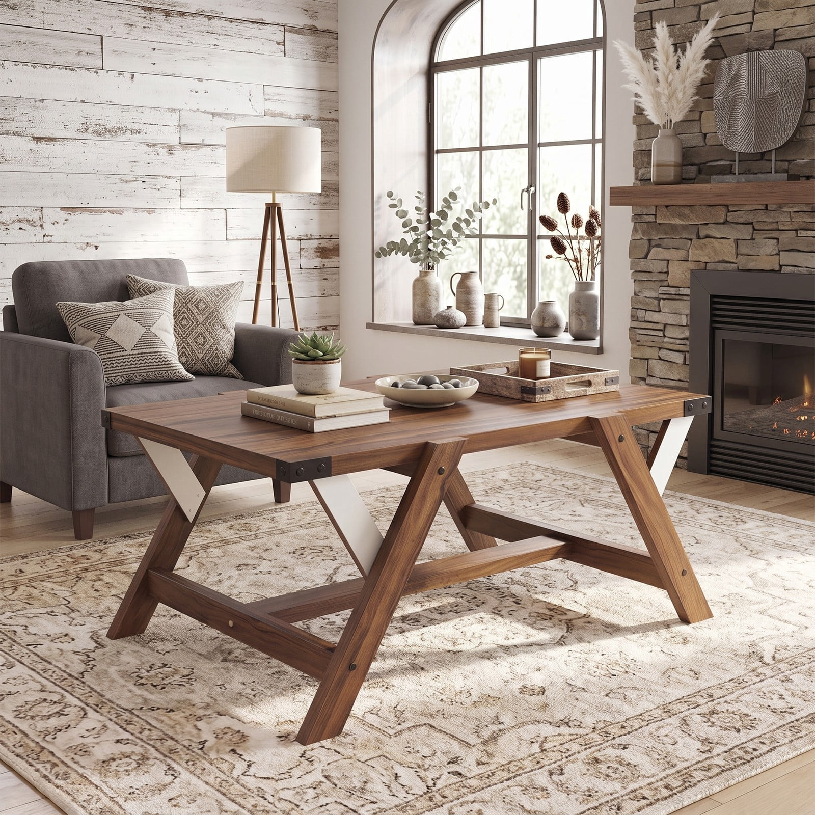 Furnibear Farmhouse Coffee Table, Rectangle Center Table with Nailhead Accents, Wood Living Room Cocktail Table with Anti-Wobble Legs and H-Shaped Base, Walnut
