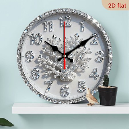 2D Flat 1pc 10Inch Wooden 1pc Diamond-Encrusted Wall Clock with Bezel - Large Quartz Movement Luxury Swiss Quartz Movement, Diamond-Accented Hands Face, 10Inch Round Clock forOffice