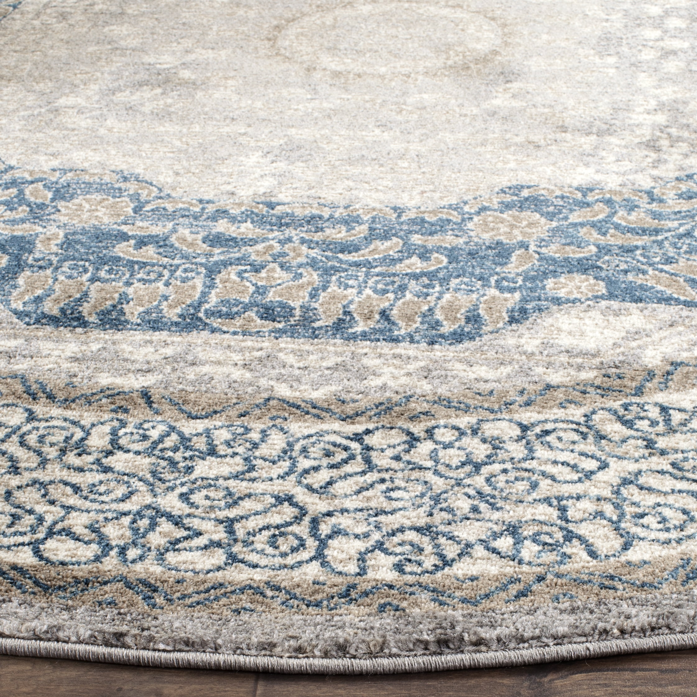SAFAVIEH Sofia Waylon Geometric Bordered Area Rug, Light Grey/Blue, 3' x 3' Round