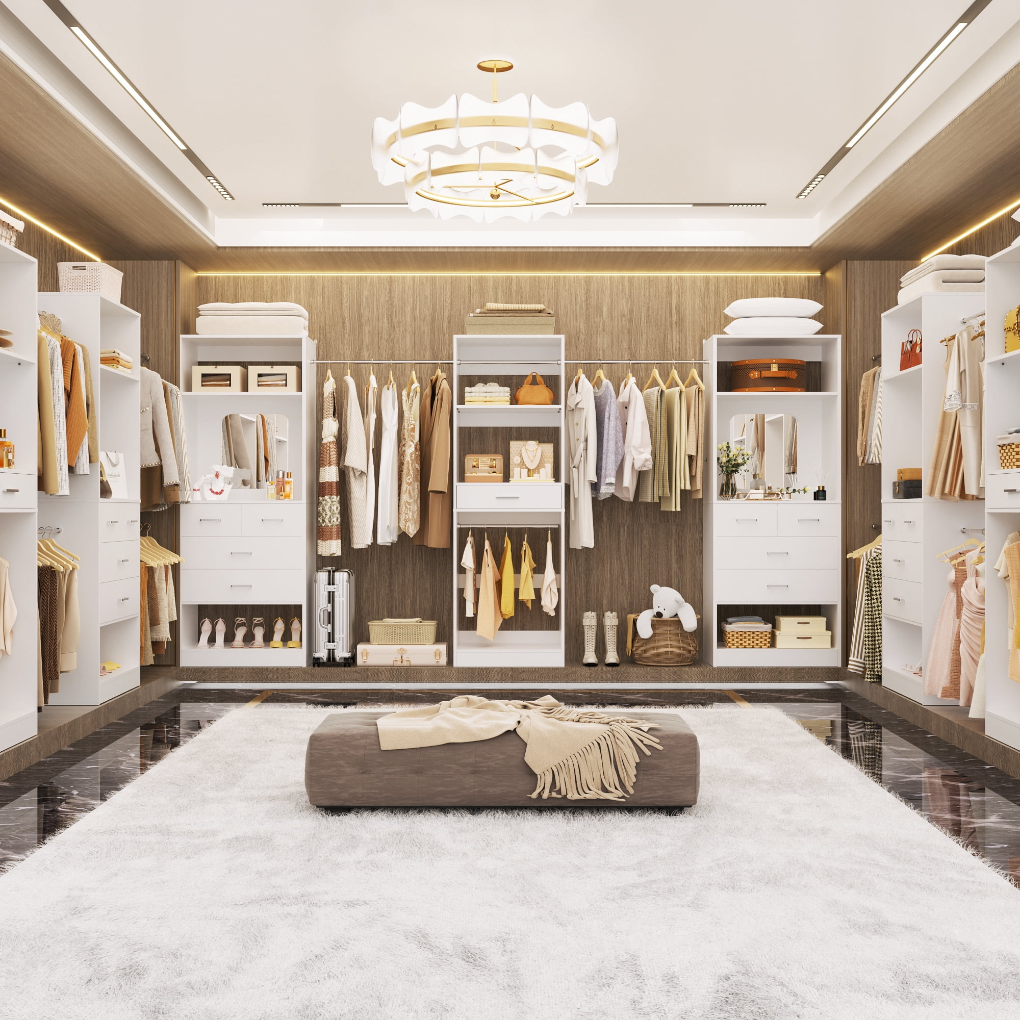 Homieasy 6 - 18.5 ft Closet System with 3 Sets, Closet Organizer with 2 Mirrors, 9 Drawers & 6 Closet Rods for Hanging Clothes, Garment Rack for Bedroom/Closet, 15''D x 79.7''H, White