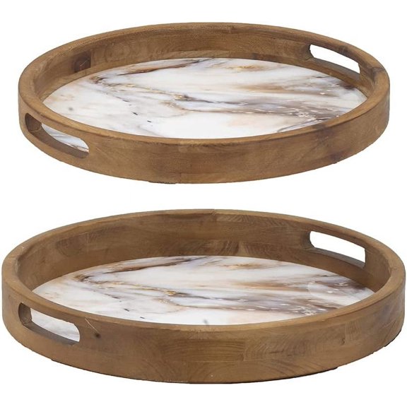 A&B Home Decorative Serving Tray-Set of 2 Round Wood Tray with Marble Print,Decorative Trays for Coffee Table,Ottoman Tray for Living Room Kitchen
