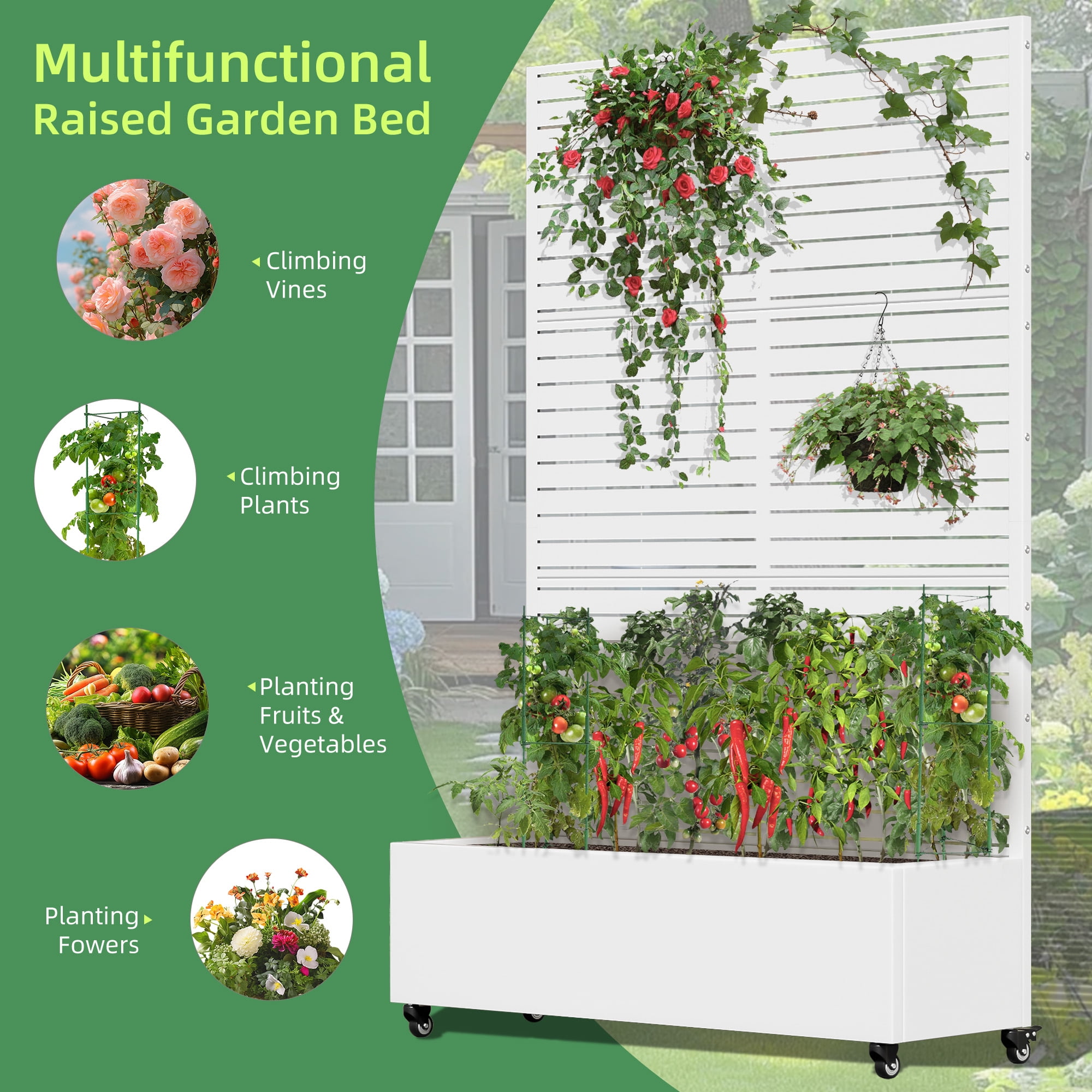 MAYEERTY 47*16*71"Outdoor White Metal Planter with Rect Louvered Climbing Trellis, Drainage hole & Wheels