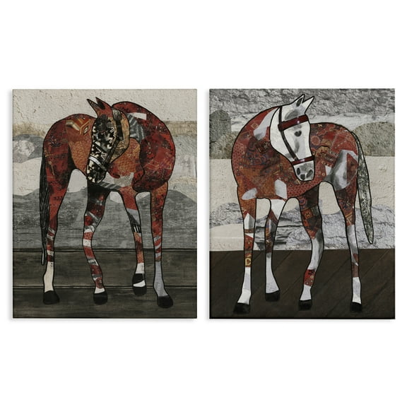 Stupell Industries Abstract Patchwork Horses Animals Painting Wrapped Canvas Art Print Wall Art, 16 x 20, Set of 2