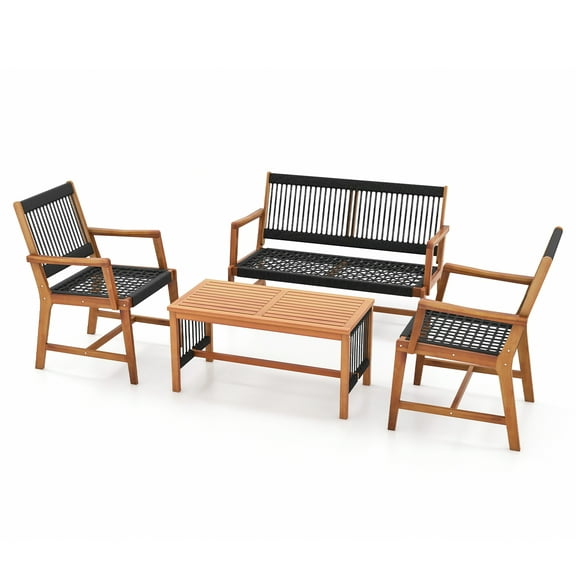Gymax 4 Pieces Conversation Set Acacia Wood Loveseat Chair & Table for Patio