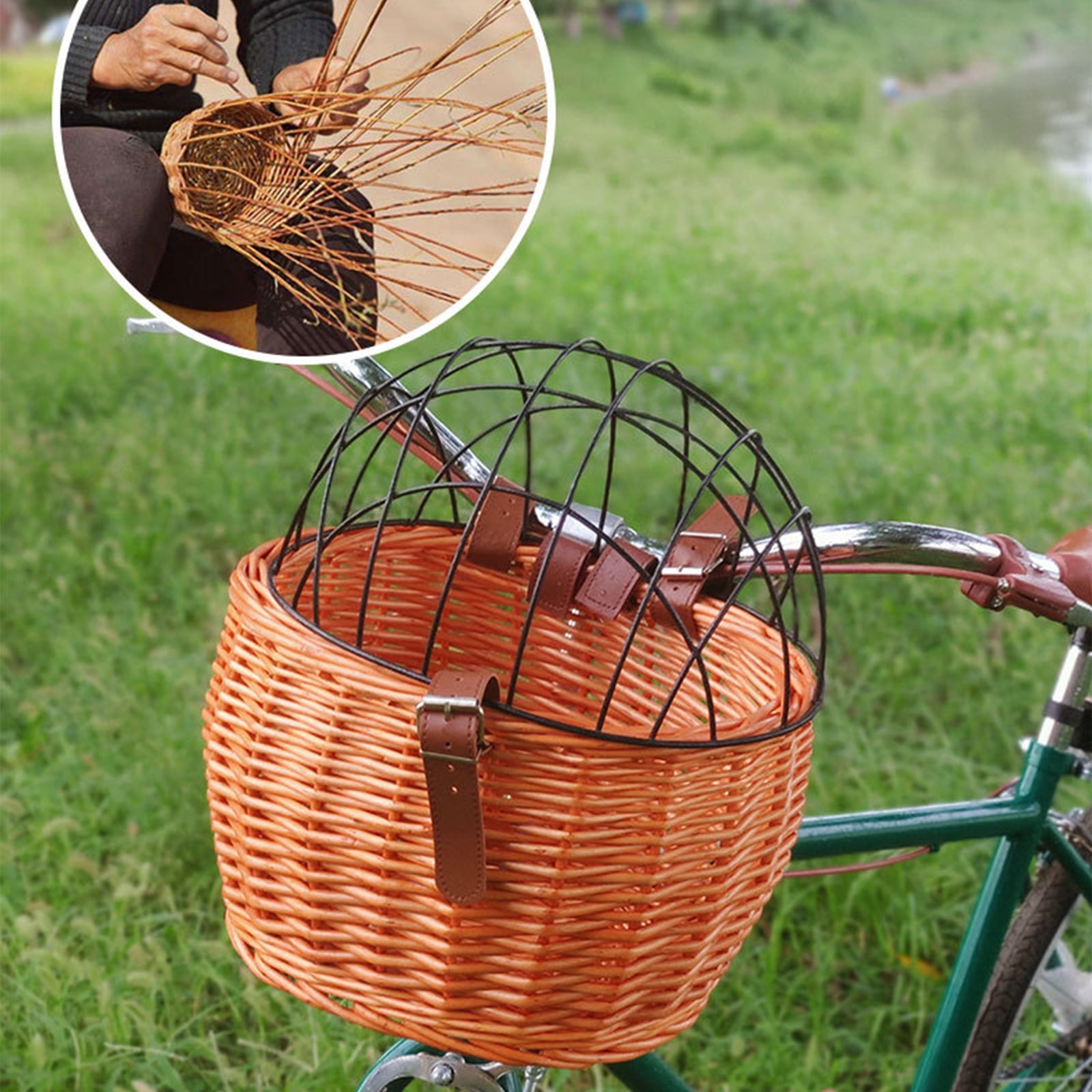Woven Rattan Storage Bike Basket Front Bicycles Basket Rattan Basket Woven Storage Basket with Adjustable Belt