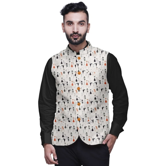 Atasi Animal Casual Jacket For Men Printed Nehru Jacket Mens Wedding Indian Waistcoat Mandarin Blazer-Large