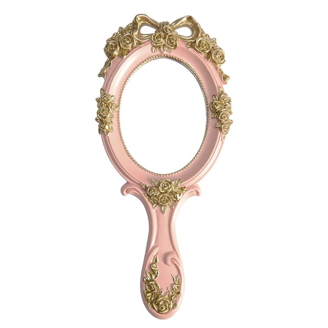 Espejo de mano, espejo de maquillaje, espejo de viaje de princesa, espejo cosmético de metal, espejos portátiles en relieve, espejos decorativos de color rosa