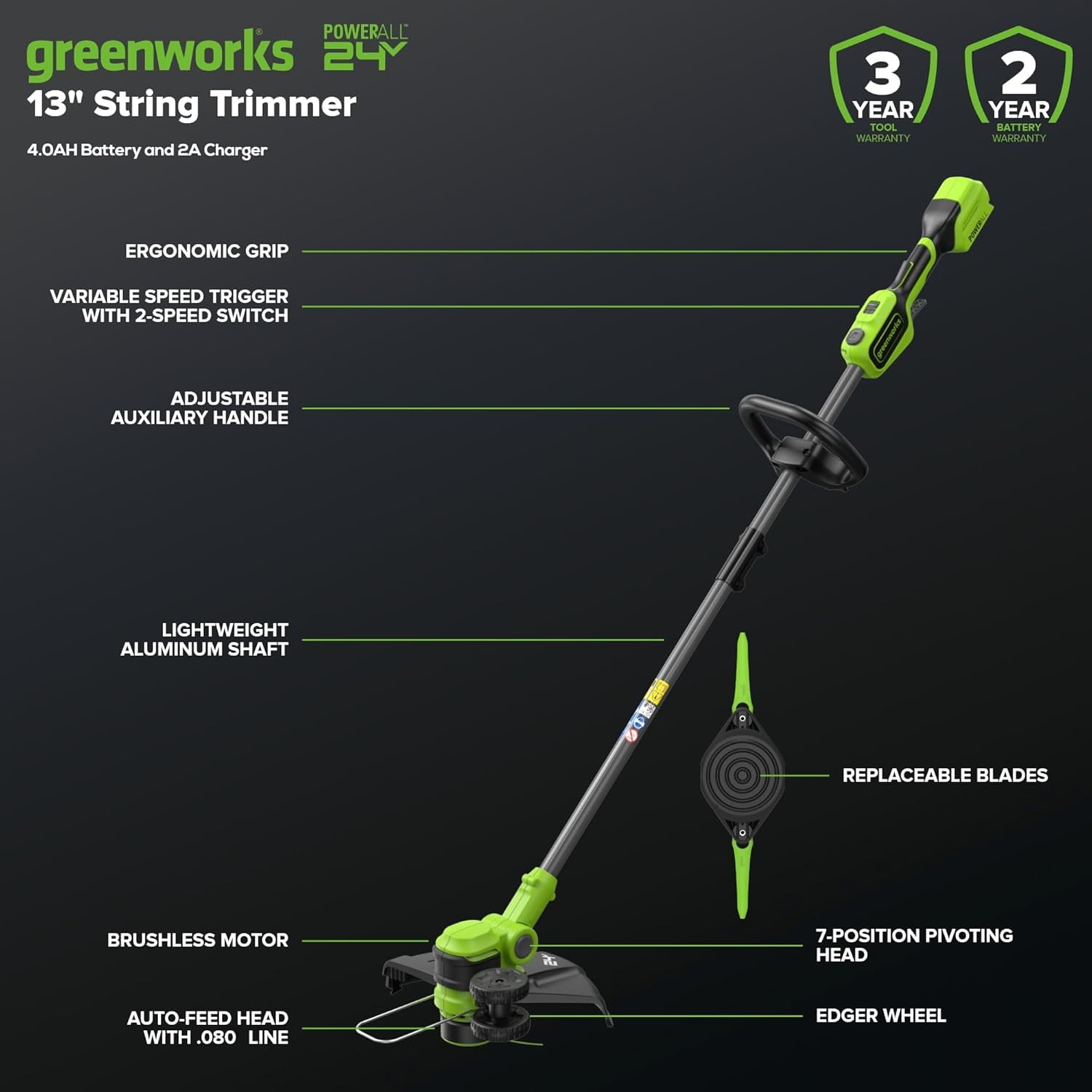 Greenworks24V 13" BL String Trimmer/Edger Kit