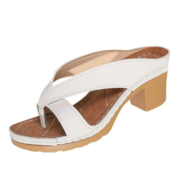Heeled Sandals for Womens Flip Flops Block Mid Heel Platform Non Slip Casual Summer Pumps White