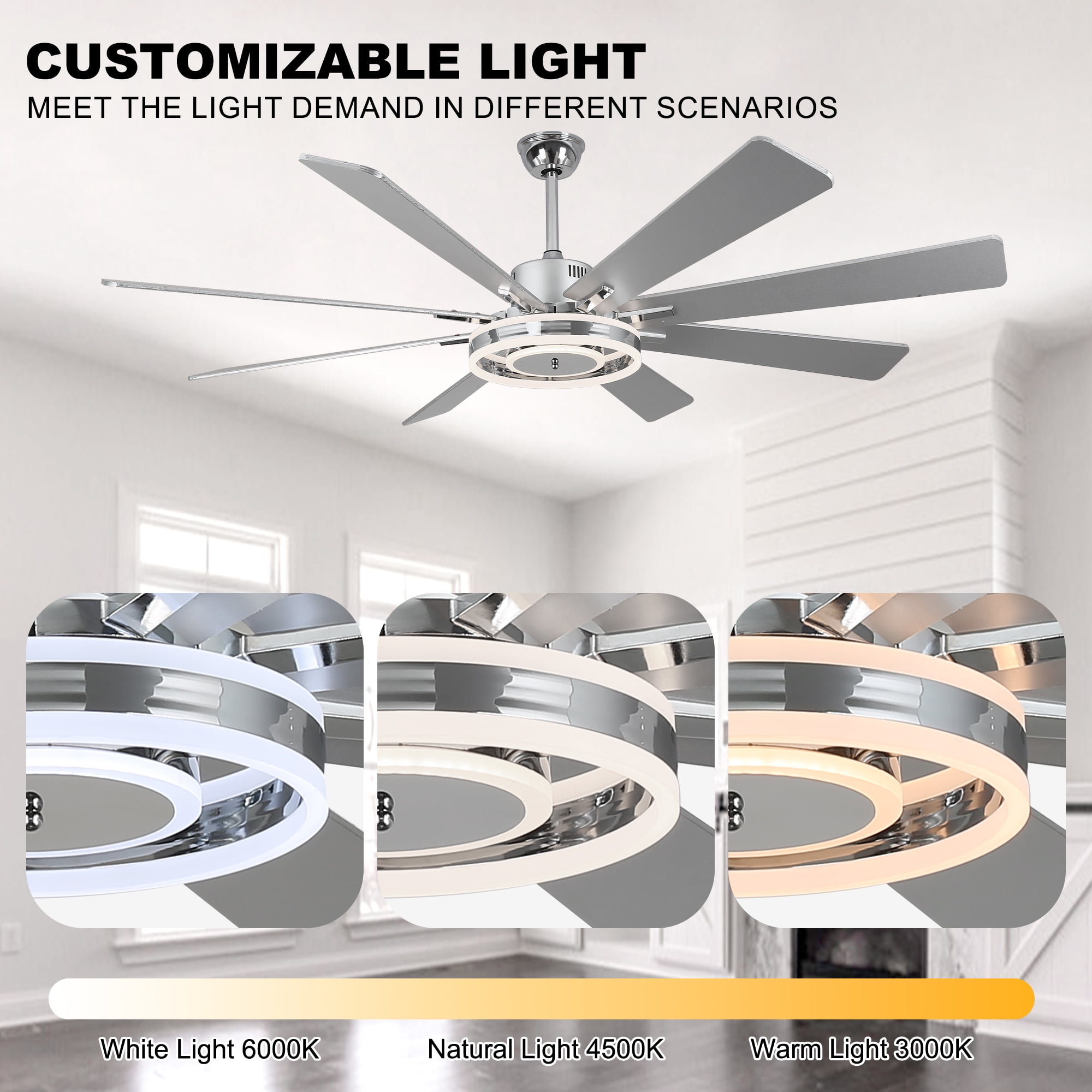 Chords Attic 72" Reversible 8-Blade Ceiling Fan with LED Lights, Remote 3-Color, 6-Speed and Timer