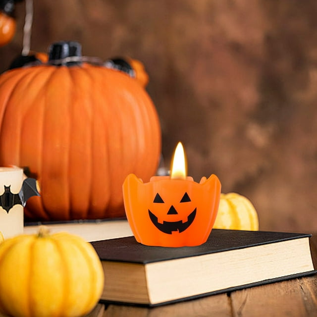 QIPOPIQ Halloween Pumpkin Flameless Candles Lights, LED Flickering Tealights Candles Battery Operated, Ghost Face Tea Lights Candles