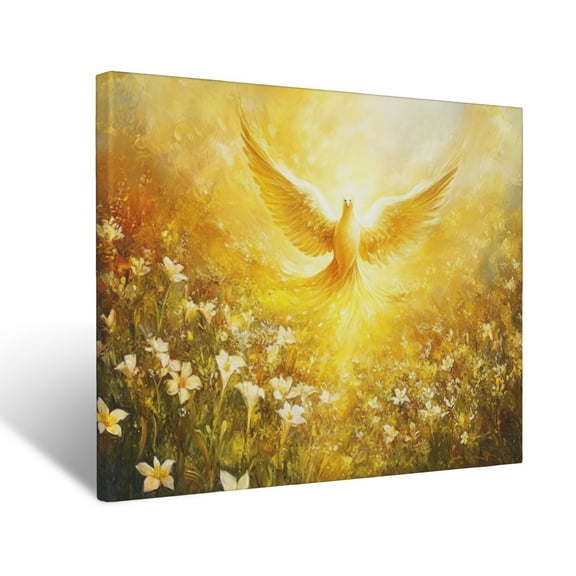 CozyNet Holy Spirit Glowing In Radiant Gold, Spreading Divine Peace Over A Serene Meadow Of Lilies Wall Art Prints With Frame Canvas Perfect for Living Room & Bedroom, Wall Decor 12"x16"