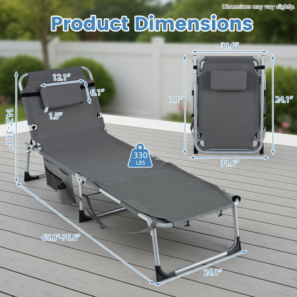 Hommoo Portable Folding Tanning Chair with Face Hole & Adjustable Backrest， Beach Sun Lounger for Pool, Backyard, Lawn, Gray