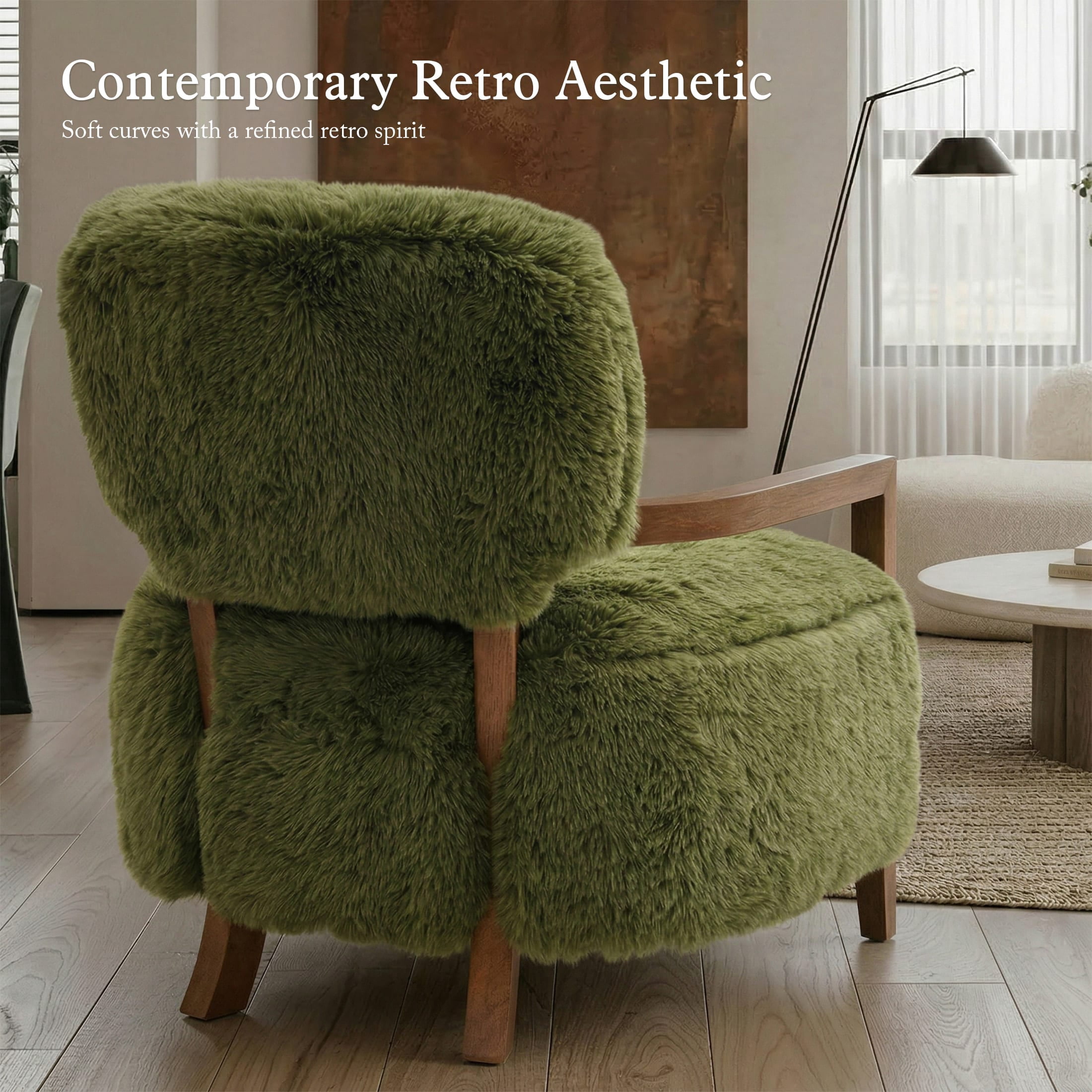Aenkyo Yeti Contemporary Faux Fur Accent Chair with Walnut Wood Arms, Green