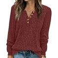 thumbnail image 3 of Womens Tops Long Sleeve Stripe Brushed Solid Color V-Neck Button Solid Top,Tops for Women Brown M, 3 of 5