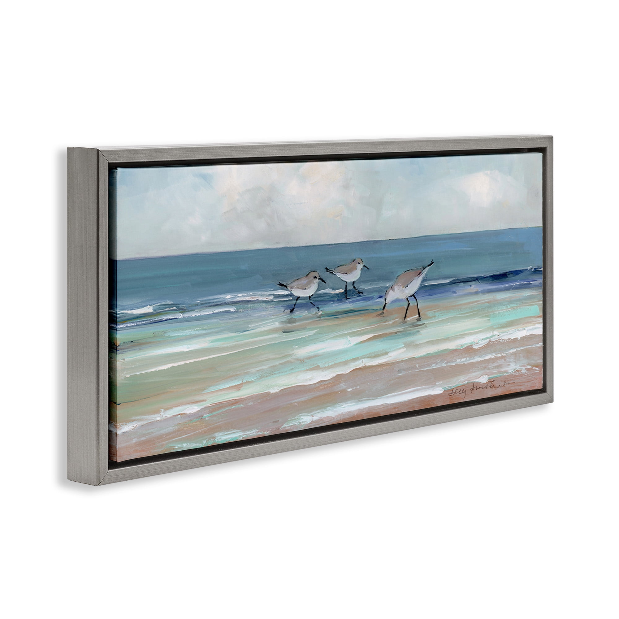 Stupell Industries Panoramic Sandpipers on Shoreline Nature Painting Gray Floater Framed Canvas Art Print Wall Art, 31 x 14