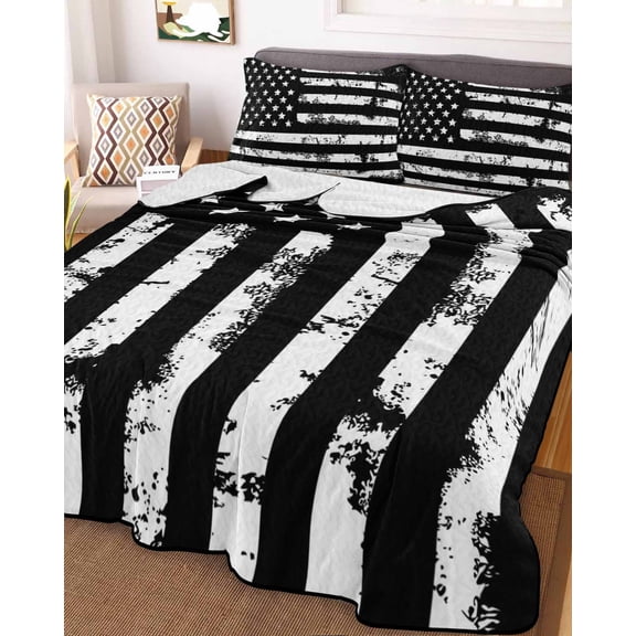 Black White King Size Down Alternative Comforter,Lightweight Comforter Quilt Bedding Set with Pillow Shams Retro Stars Stripes Flag Shabby Chic Texture All Seasons Bed Comforter Duvet Insert 96"x106"
