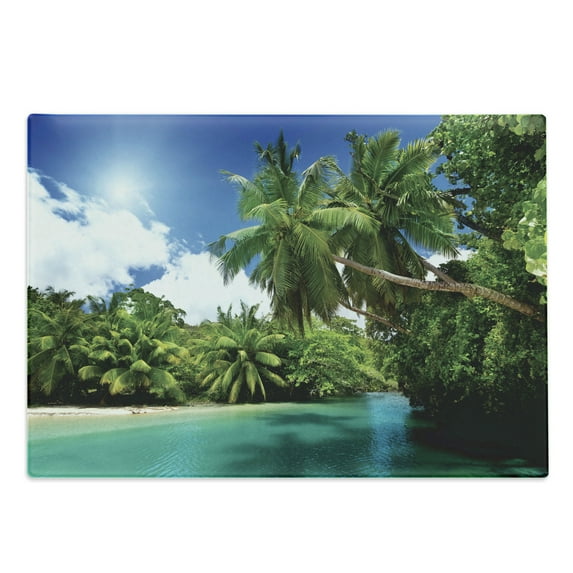 Jungle Cutting Board, Mahe Island Seychelles Lake and Palms with Clear Morning Sky Forest Vacation, Decorative Tempered Glass Cutting and Serving Board, Large Size, Aqua Green White, by Ambesonne