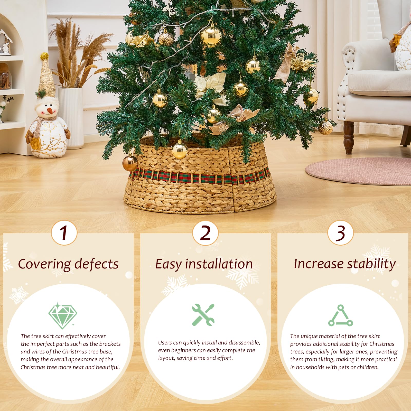 Hand-Woven Natural Water Hyacinth Christmas Tree Collar - Cord Cutout Design, Rustic Eco-Friendly Holiday Decoration for Home