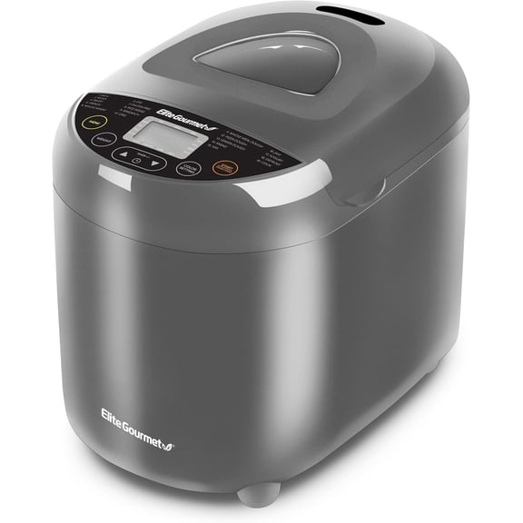 Elite Gourmet Programmable Bread Maker with PFAS-Free CERALASTâ„¢ Ceramic Pan, 2 lb Loaf, 19 Presets incl. Gluten-Free, 3 Sizes, Delay Timer, Gray
