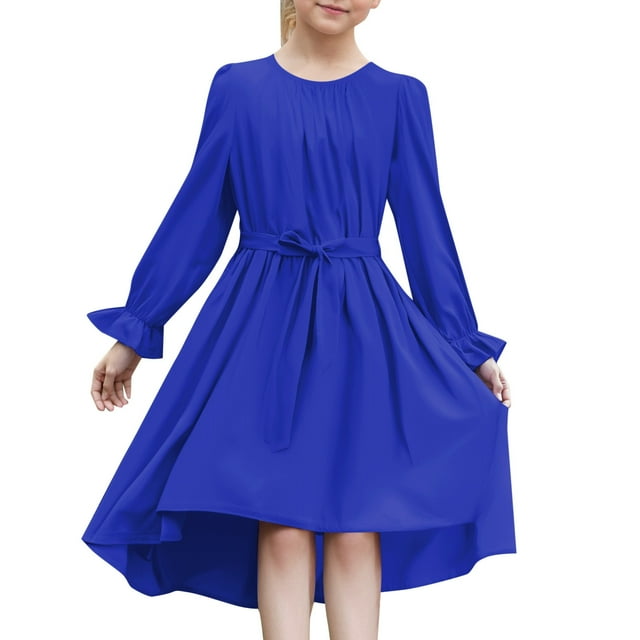 Wdgfv Robe de Fête à Manches Longues pour Filles Tenue Fluide Semi-Formelle avec Ceinture à Taille Ajustable pour et Célébrations Bleu 7-8 Ans