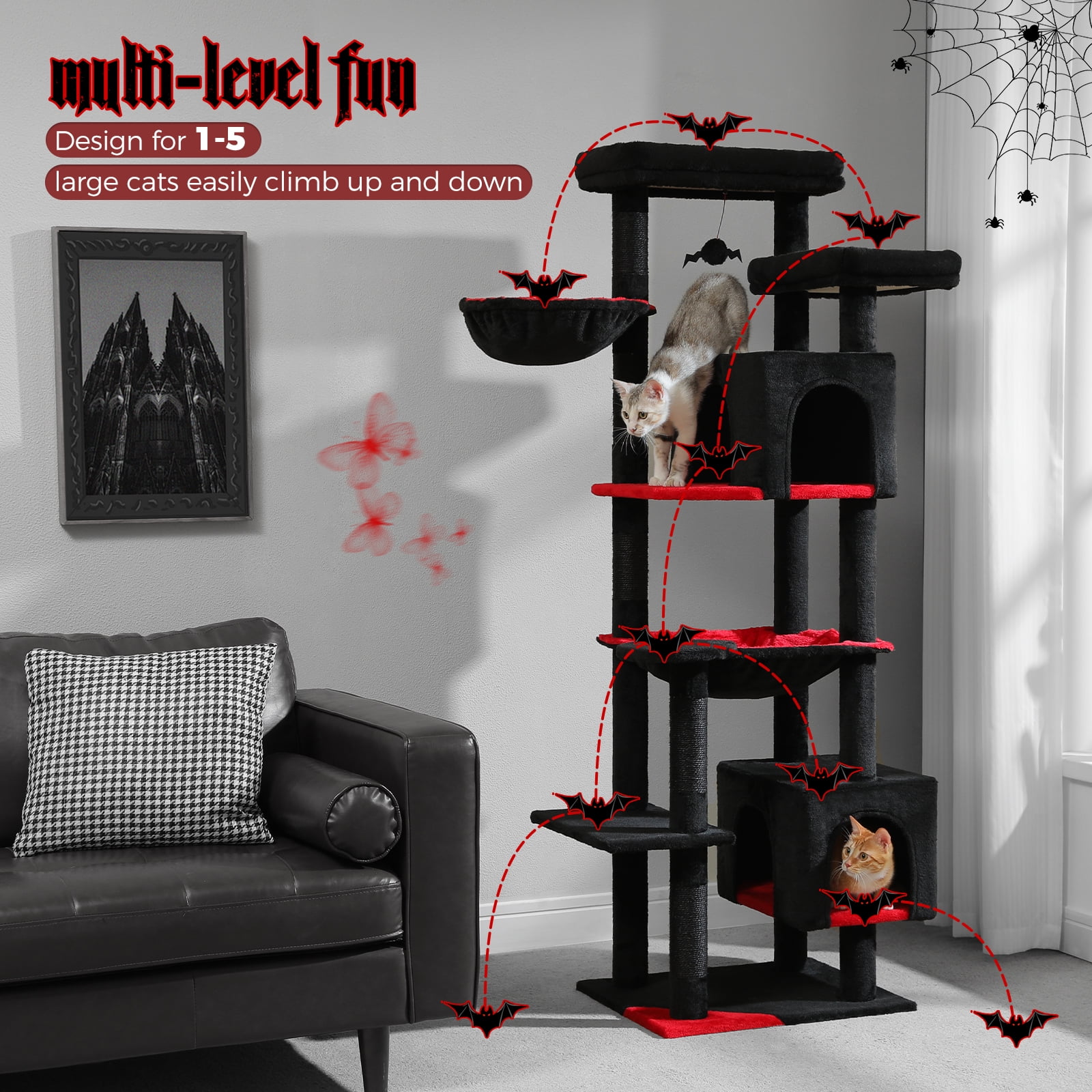 Pefilos 69" Tall Cat Tree for Indoor Large Cats with Hammock, Cat Climbing Tree Tower with Scratching Posts, Condo House and Top Perch, Black