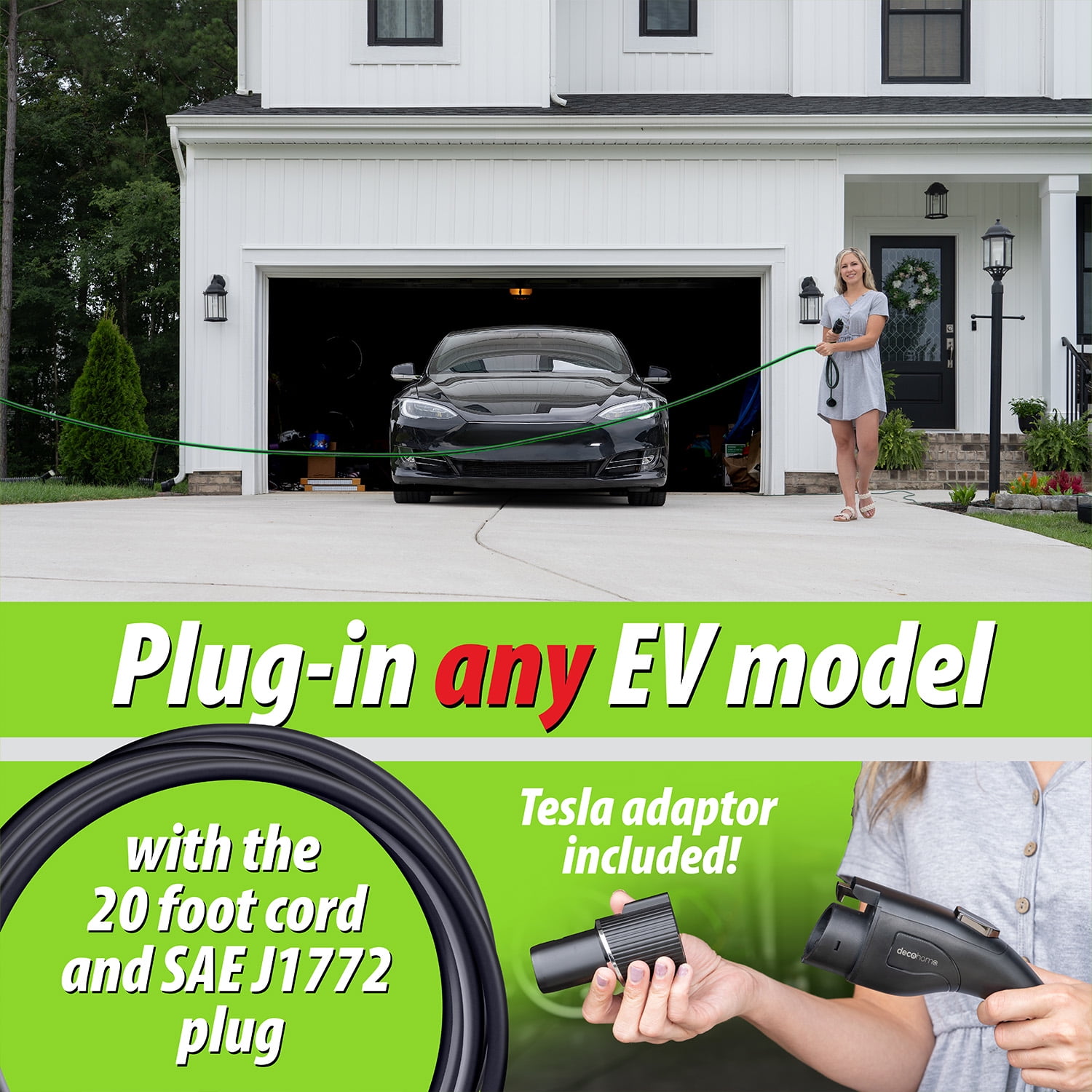 Deco Home Level 2 EV Charging Station, 240V 40A, SAE J1772 Plug and NEMA 14-50 Plug, Tesla Adapter Included