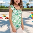thumbnail image 3 of Uorisanigo Girls Bathing Suits Kids One Piece Green and White Hawaiian Flower Swimsuit with Ruffled Sleeve Straps Sport Halter Swimwear, Size 5-6, 3 of 7