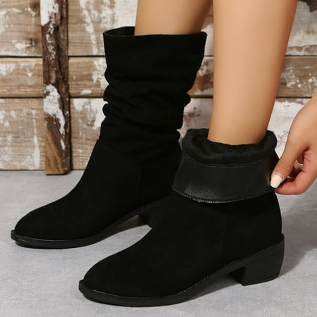 

MIASHUI Women Fashion Pleated Pile Boots Vintage Pointed Thick Heel Short Boots Western Cowboy Boots Sleeve Cavalry Boots Autumn Winter Casual Shoes for Women