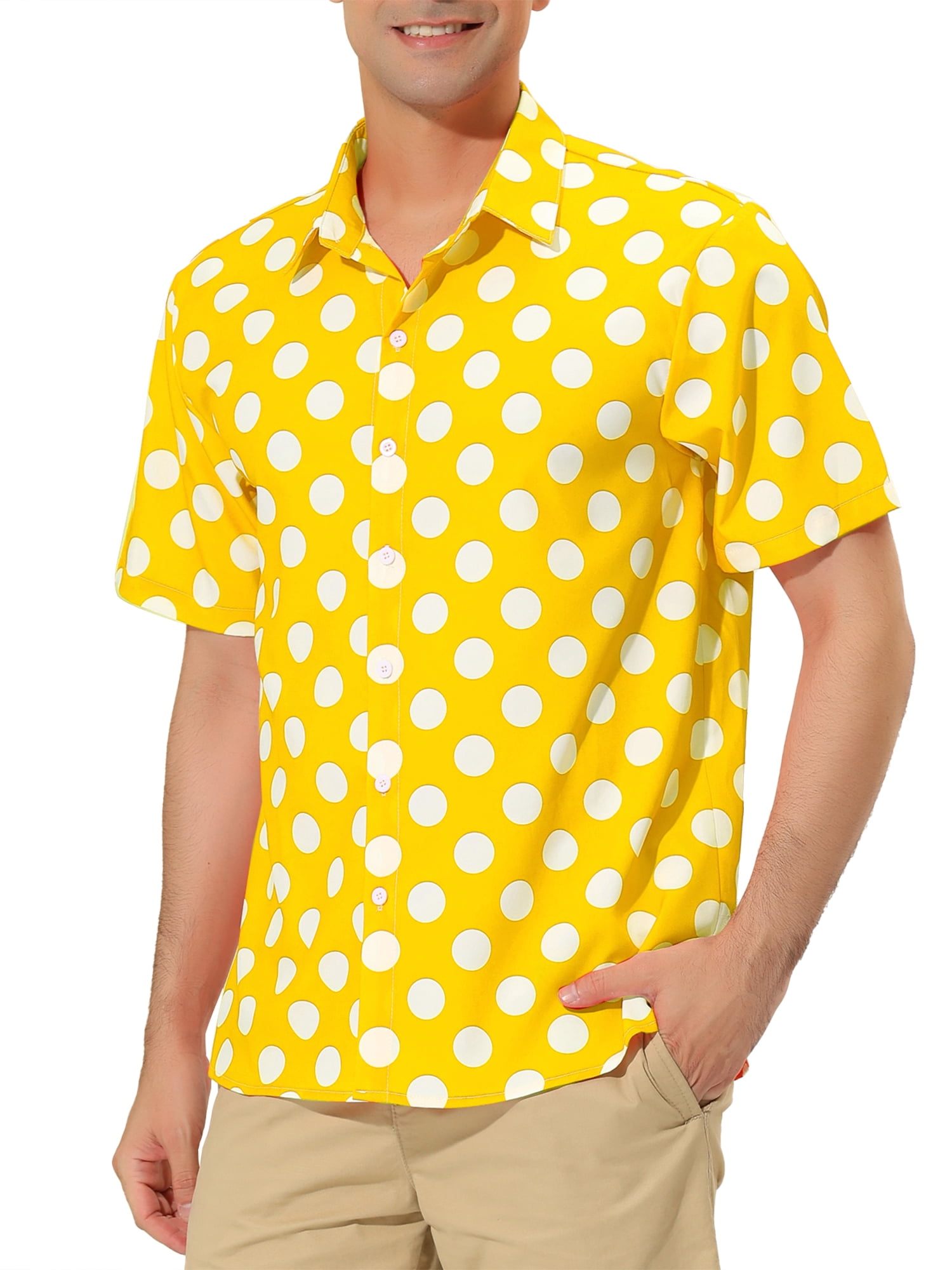 Unique Bargains Men's Summer Polka Dots Shirt Button Down Short Sleeves Shirts XL Yellow